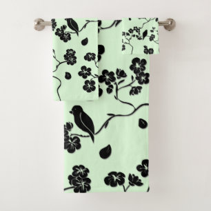 Birds on Cherry Blossoms Black on Mint Green Bath Towel Set