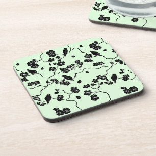 Birds on Cherry Blossoms Black on Mint Green Beverage Coaster