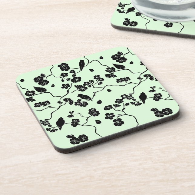 Birds on Cherry Blossoms Black on Mint Green Beverage Coaster (Left Side)
