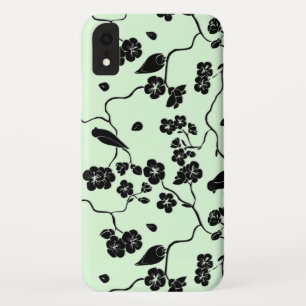 Birds on Cherry Blossoms Black on Mint Green iPhone XR Case
