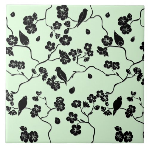 Birds on Cherry Blossoms Black on Mint Green Ceramic Tile