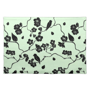 Birds on Cherry Blossoms Black on Mint Green Cloth Placemat