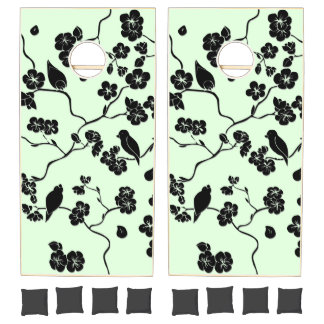 Birds on Cherry Blossoms Black on Mint Green Cornhole Set