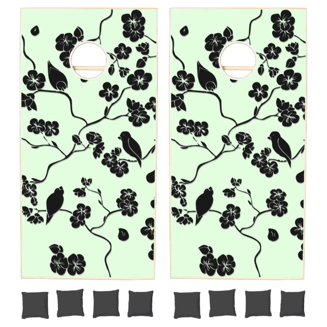 Birds on Cherry Blossoms Black on Mint Green Cornhole Set (Set)