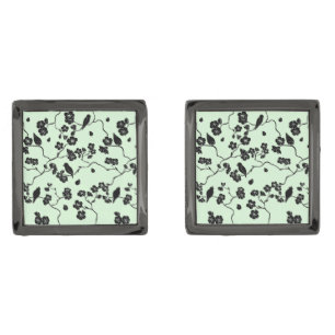 Birds on Cherry Blossoms Black on Mint Green Cufflinks
