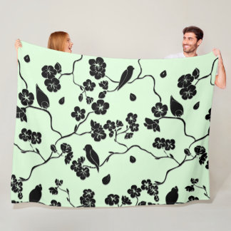 Birds on Cherry Blossoms Black on Mint Green Fleece Blanket