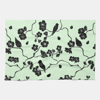 Birds on Cherry Blossoms Black on Mint Green Kitchen Towel