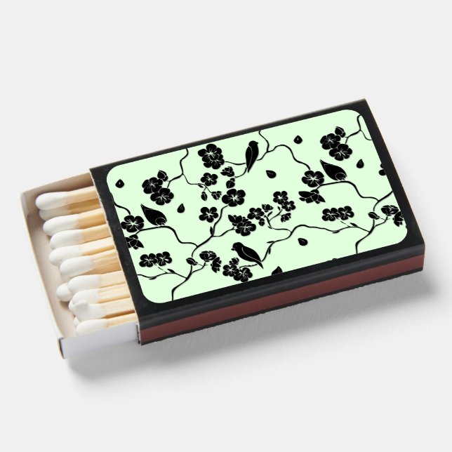 Birds on Cherry Blossoms Black on Mint Green Matchboxes (Front Open)