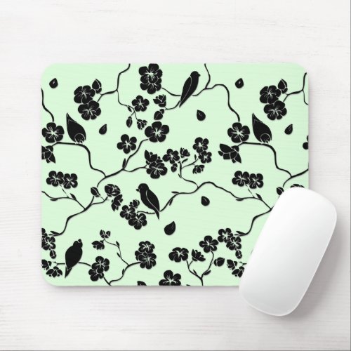 Birds on Cherry Blossoms Black on Mint Green Mouse Pad