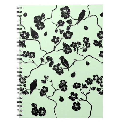 Birds on Cherry Blossoms Black on Mint Green Notebook