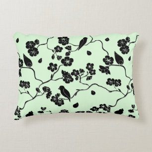 Birds on Cherry Blossoms Black on Mint Green Place Accent Pillow