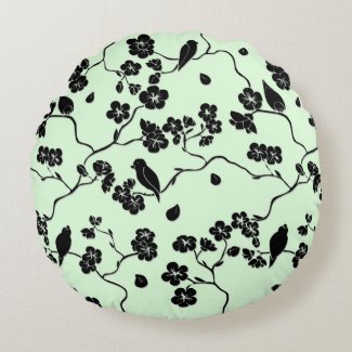 Birds on Cherry Blossoms Black on Mint Green