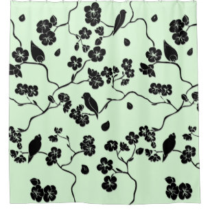 Birds on Cherry Blossoms Black on Mint Green Shower Curtain