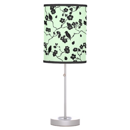 Birds on Cherry Blossoms Black on Mint Green Table Lamp