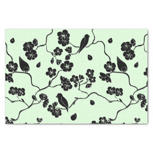 Birds on Cherry Blossoms Black on Mint Green Tissue Paper