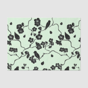 Birds on Cherry Blossoms Black on Mint Green Tissue Paper
