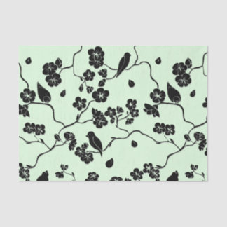 Birds on Cherry Blossoms Black on Mint Green Tissue Paper
