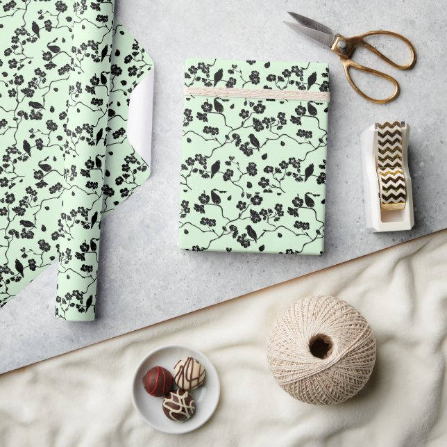 Birds on Cherry Blossoms Black on Mint Green Wrapping Paper (Crafts)