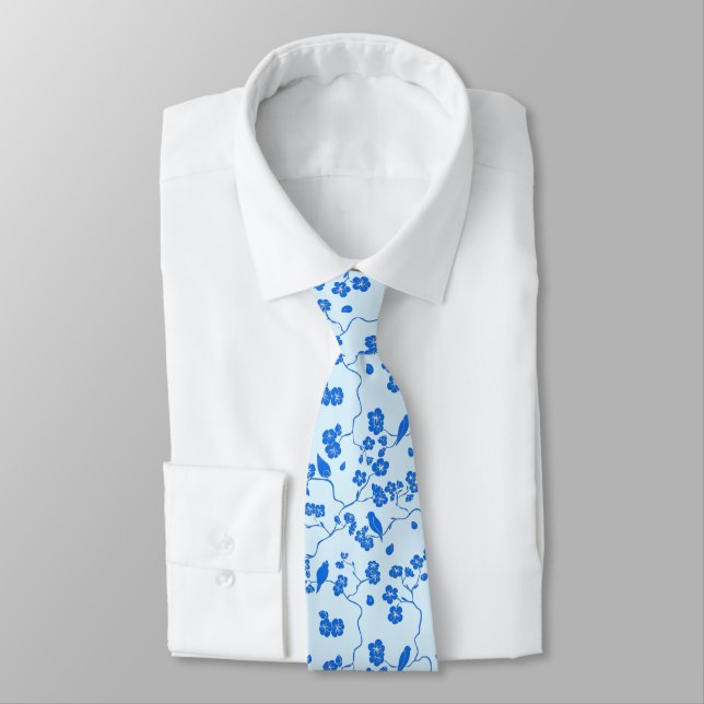 Birds on Cherry Blossoms Blue on Blue Neck Tie (Tied)