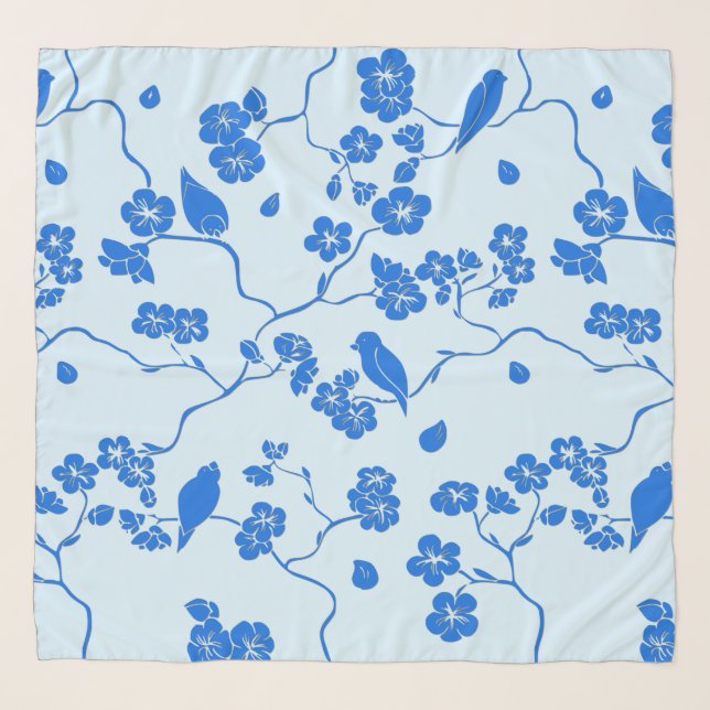 Birds on Cherry Blossoms Blue on Blue Scarf (Front)