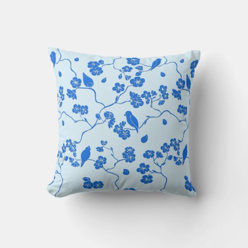 Birds on Cherry Blossoms Blue on Blue Throw Pillow