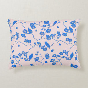 Birds on Cherry Blossoms Blue on Blush Accent Pillow