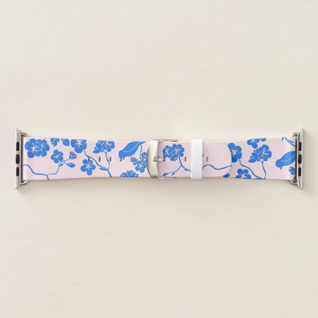 Birds on Cherry Blossoms Blue on Blush Apple Watch Band (Band)