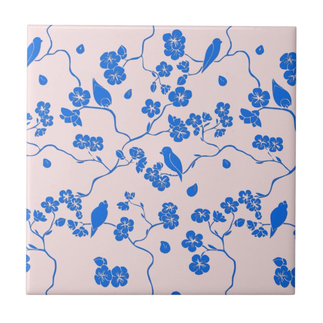 Birds on Cherry Blossoms Blue on Blush Ceramic Tile (Front)