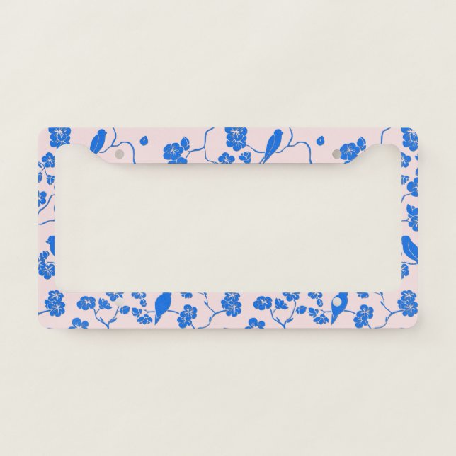 Birds on Cherry Blossoms Blue on Blush License Plate Frame (Front)