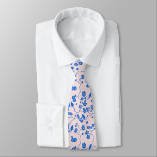 Birds on Cherry Blossoms Blue on Blush Neck Tie