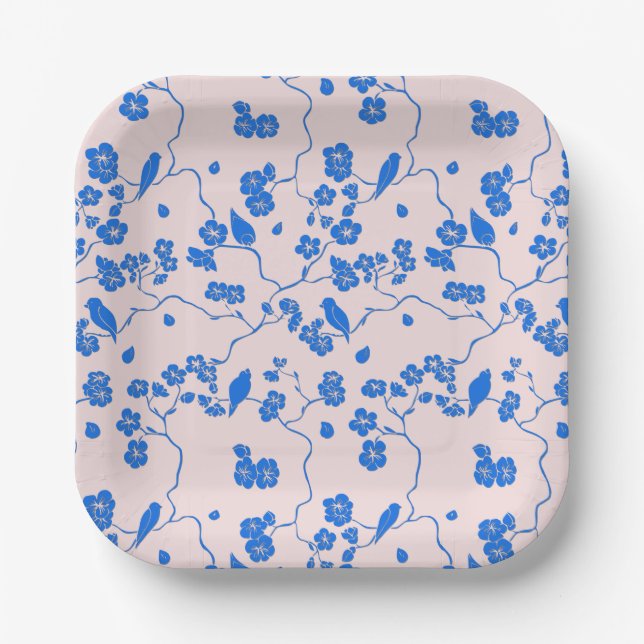 Birds on Cherry Blossoms Blue on Blush Paper Plates (Front)