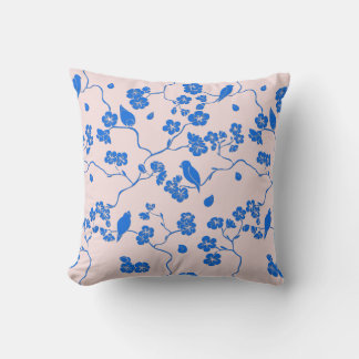 Birds on Cherry Blossoms Blue on Blush Throw Pillow
