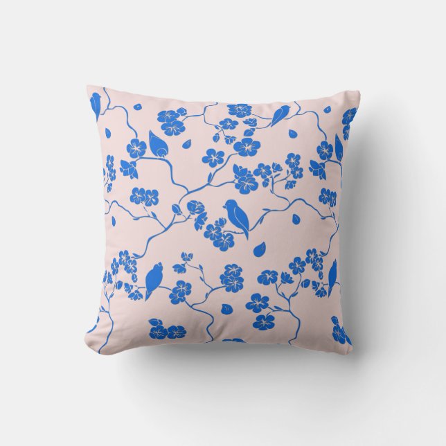 Birds on Cherry Blossoms Blue on Blush Throw Pillow (Front)