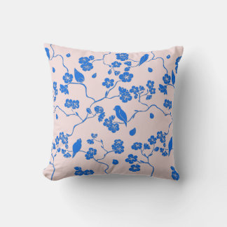 Birds on Cherry Blossoms Blue on Blush Throw Pillow