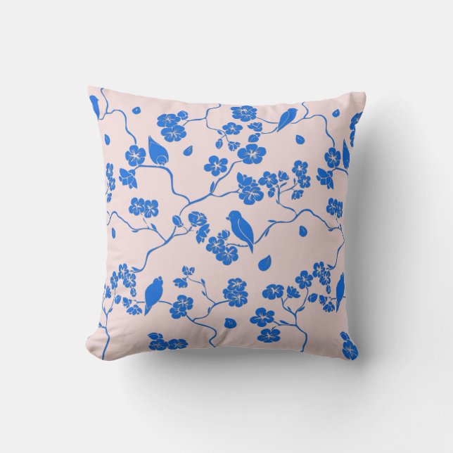 Birds on Cherry Blossoms Blue on Blush Throw Pillow (Front)