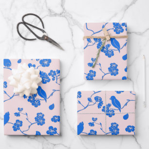 Birds on Cherry Blossoms Blue on Blush Wrapping Paper Sheets