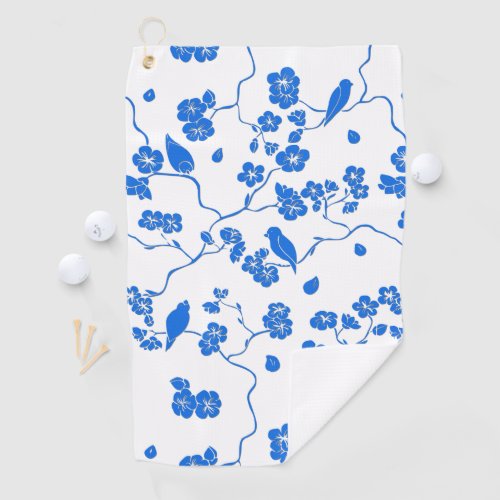 Birds on Cherry Blossoms Blue Print Golf Towel