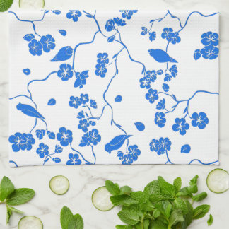 Birds on Cherry Blossoms Blue Print Kitchen Towel