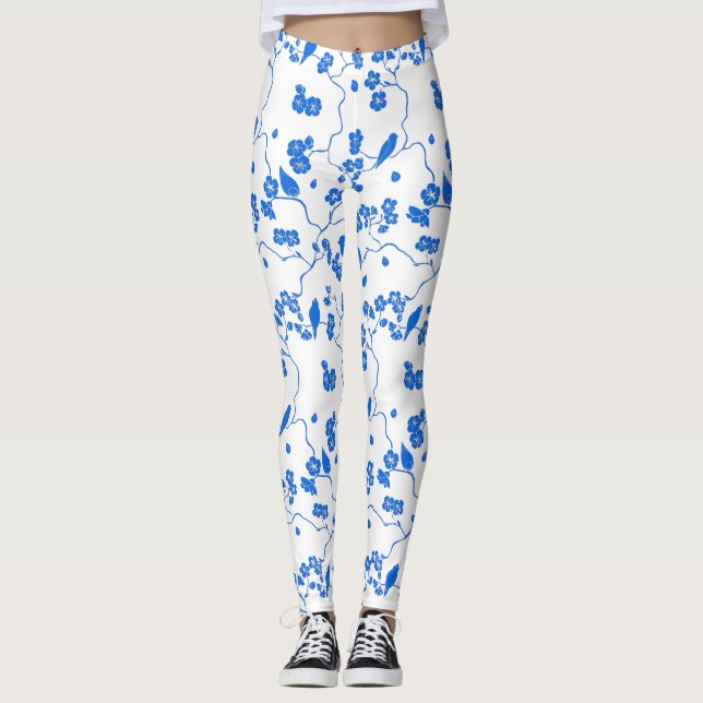 Birds on Cherry Blossoms Blue Print Leggings (Front)