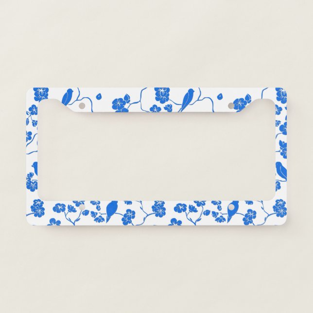 Birds on Cherry Blossoms Blue Print License Plate Frame (Front)