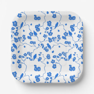 Birds on Cherry Blossoms Blue Print Paper Plates
