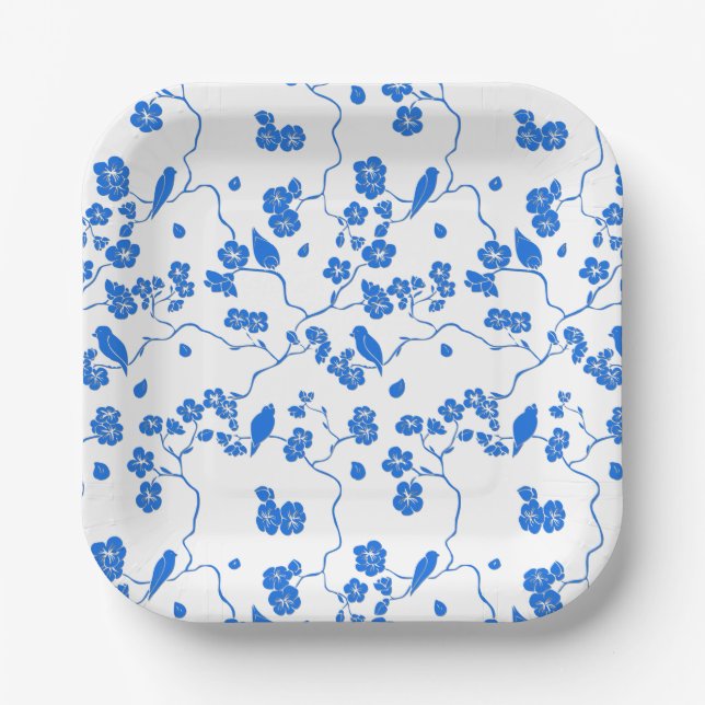 Birds on Cherry Blossoms Blue Print Paper Plates (Front)
