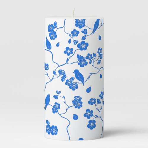 Birds on Cherry Blossoms Blue Print Pillar Candle