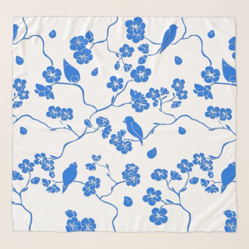 Birds on Cherry Blossoms Blue Print Scarf