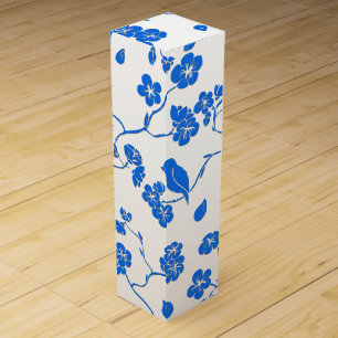 Birds on Cherry Blossoms Blue Print Tote Bag Wine Box