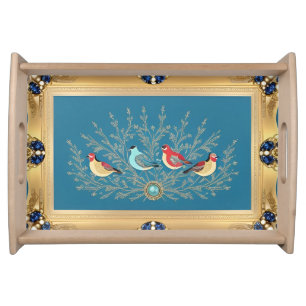 Birds on Elegant Floral Background Serving Tray