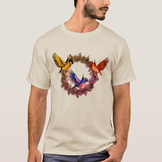 Birds On Flower Wreath Nature Art T-Shirt (Front)