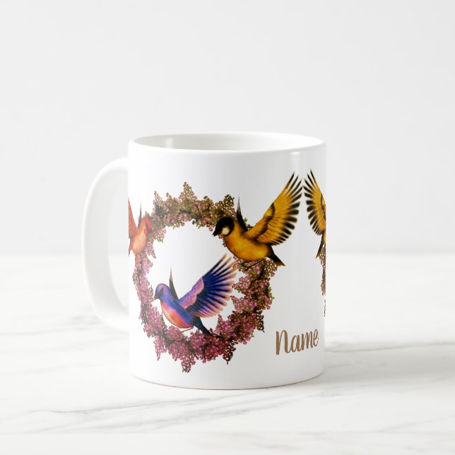 Birds On Flower Wreath Personalized Coffee Mug (Front Left)