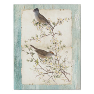 Birds on Flowering Branch Parchment Teal Oil Paint Faux Canvas Print