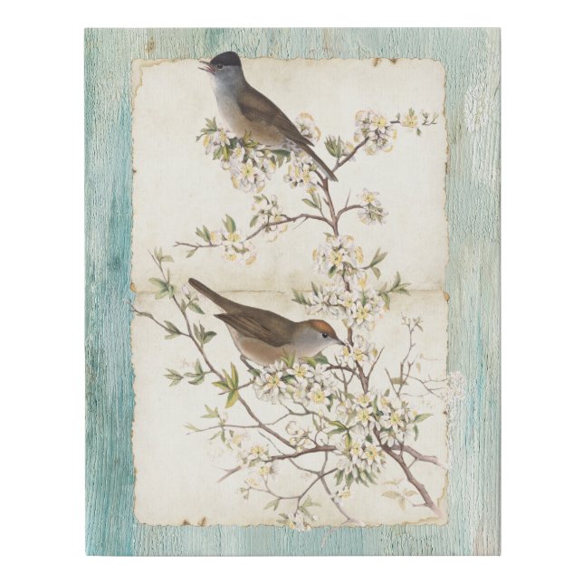 Birds on Flowering Branch Parchment Teal Oil Paint Faux Canvas Print (Front)